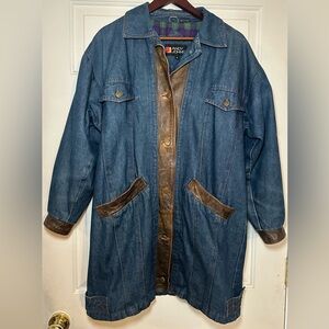 VTG Andy Johns Denim Barn Jacket Coat Flannel Lined  Leather Trim  USA Women's M